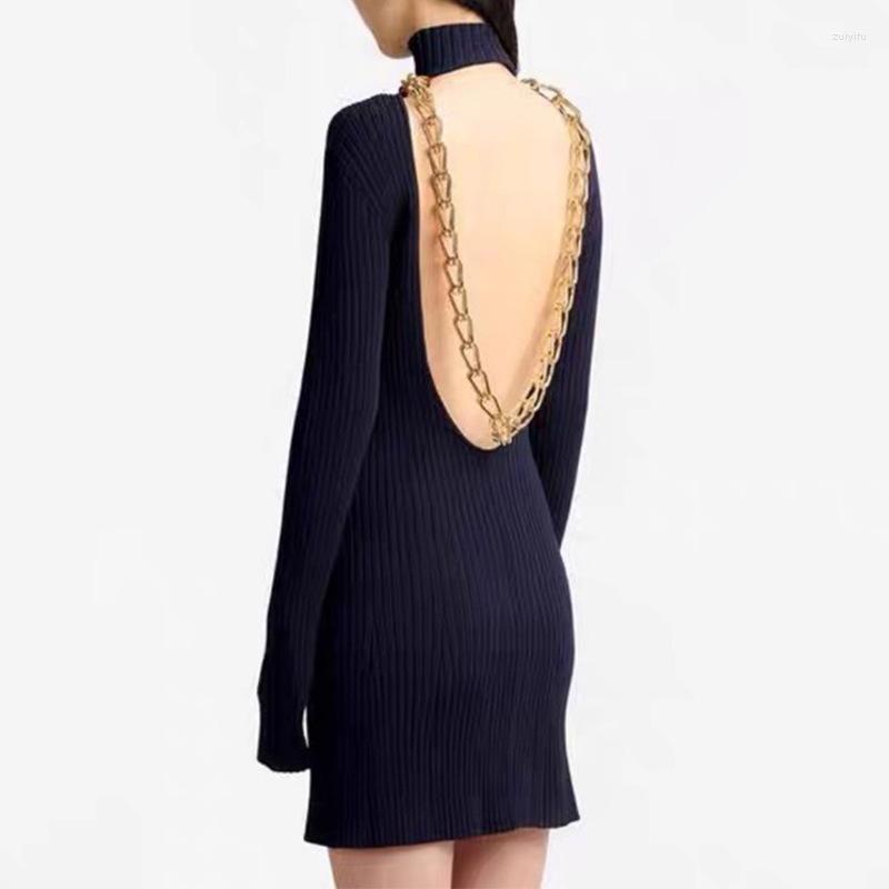 

Casual Dresses 2022 Winter Designer Fashion Party Bodycon Dress Women Elegant High Collar Backless With Big Gold Chain, White