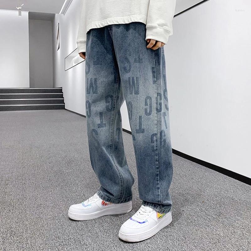 

Men's Jeans Men's 2022 Autumn Winter Loose Print Straight Men Casual Denim Pants Pantalon Fashion Elastic Waist Trousers, 2208 blue