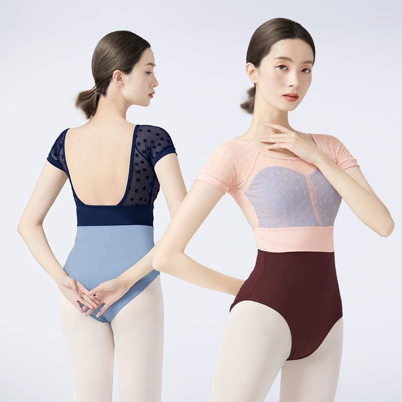 

Stage Wear Ballet Leotards Woman Flocking Nylon Dance Leotard Hollow Back Dancing Bodysuit Short Sleeves Swimsuit Adult Gymnastics, Pink