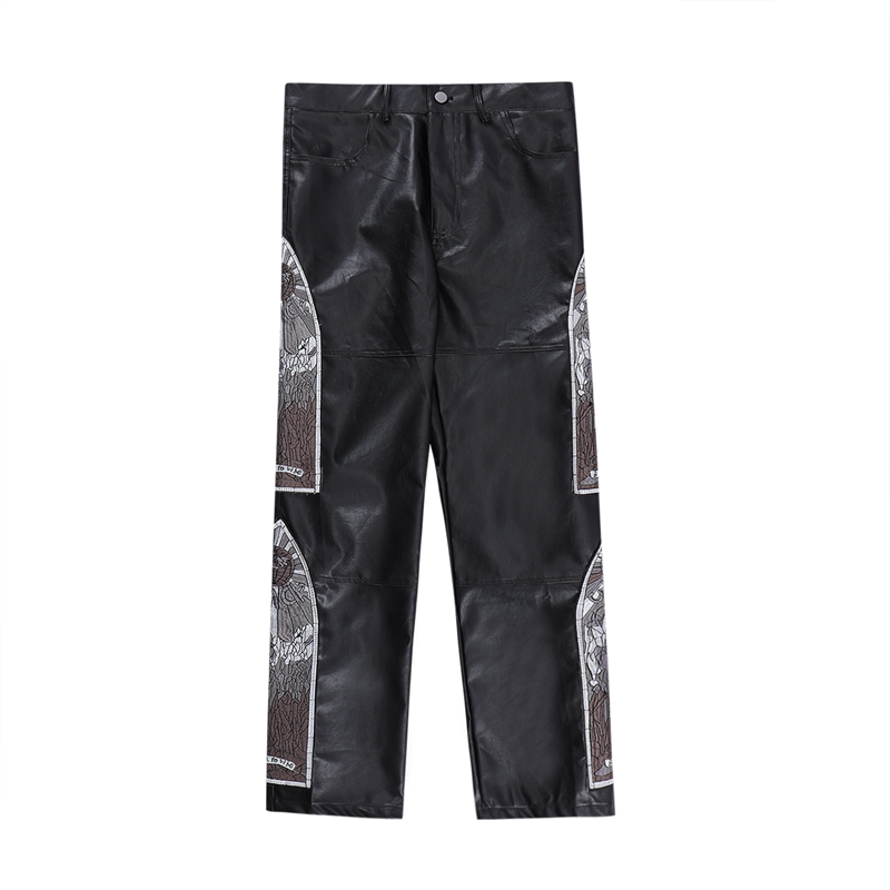 

Side Embroidery Inside Fleece Pu Leather Pants for Men Straight Patchwork Thick Winter Outwear Trousers