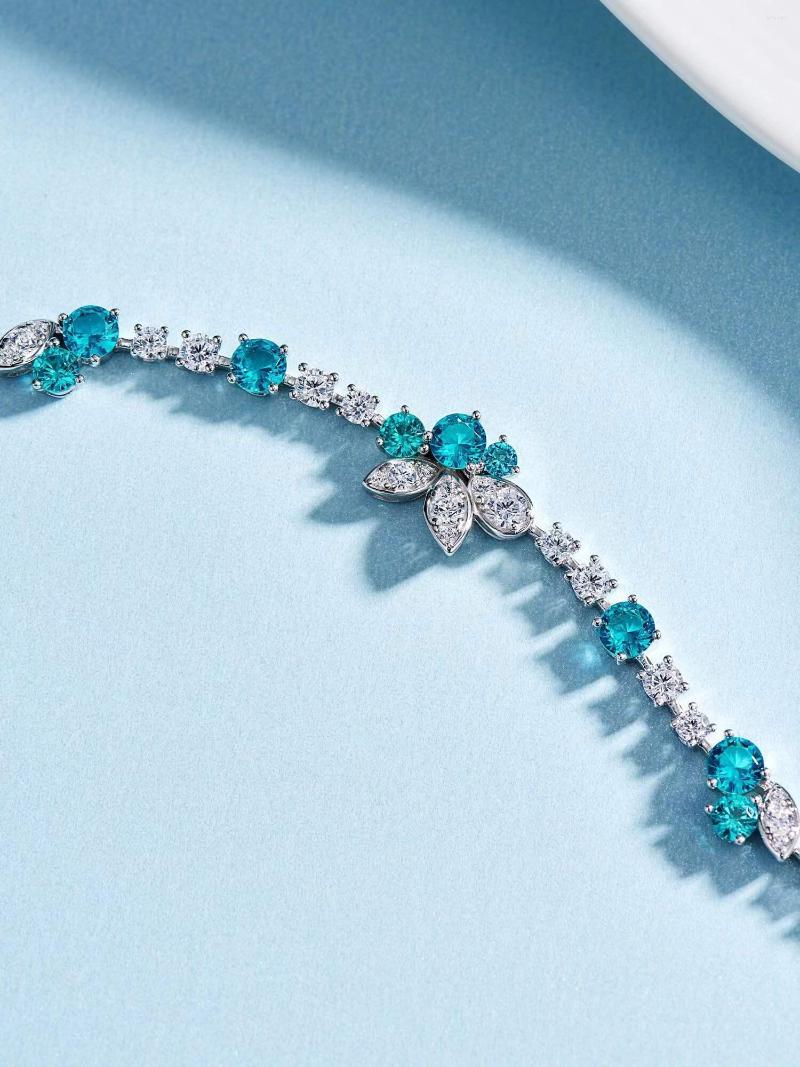 

Bangle Luxury 925 Sterling Silver Blue Crystal Diamond Bracelet Wedding Cubic Zircon Chain Jewelry Women Geometric Flower Shape