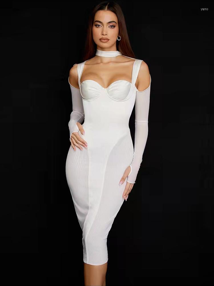

Casual Dresses JillPeri Lady High Quality Padded Long Sleeve Mesh And Satin Dress Skinny Party Outfits Woman Clothes Bodycon Midi Elegant, White
