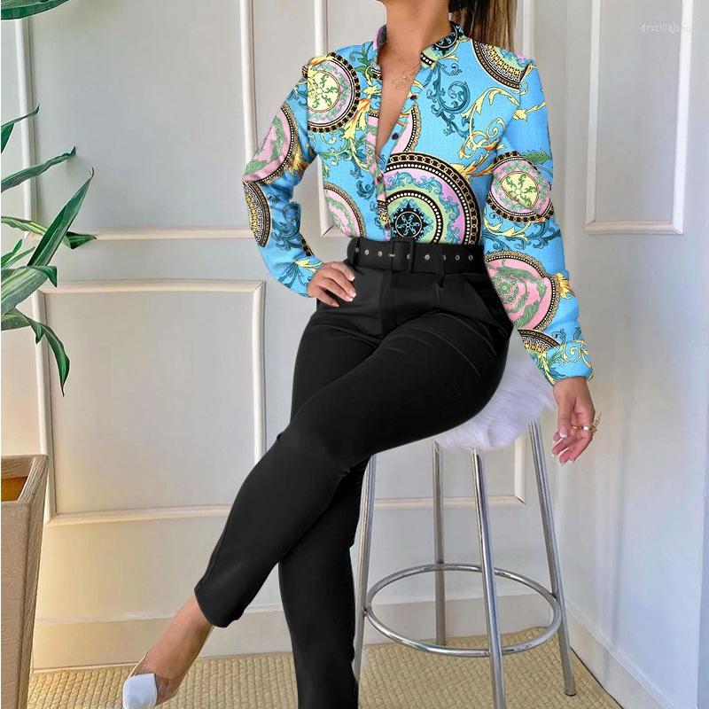 

Women' Two Piece Pants Women Causal Elegant Vintage Daily Work Baroque Print Long Sleeve Top & Skinny Set With Belt, Blue