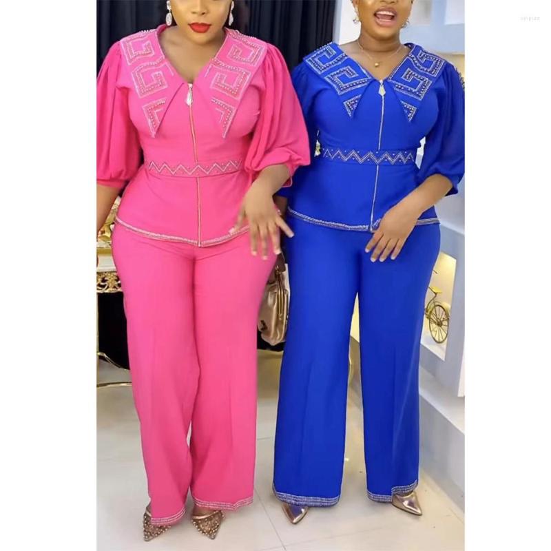 

Women's Two Piece Pants African Ladies 2 Pieces Sets Elegant Office Diamond Blouse & Long Trousers Fashion Formal Business Work Wear, Green sets