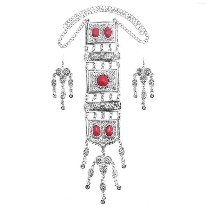 

Necklace Earrings Set Gypsy Vintage Metal Geometric Pendant Necklaces Bracelets Sets For Women Boho Red Blue Stone Tribal Turk, Picture shown