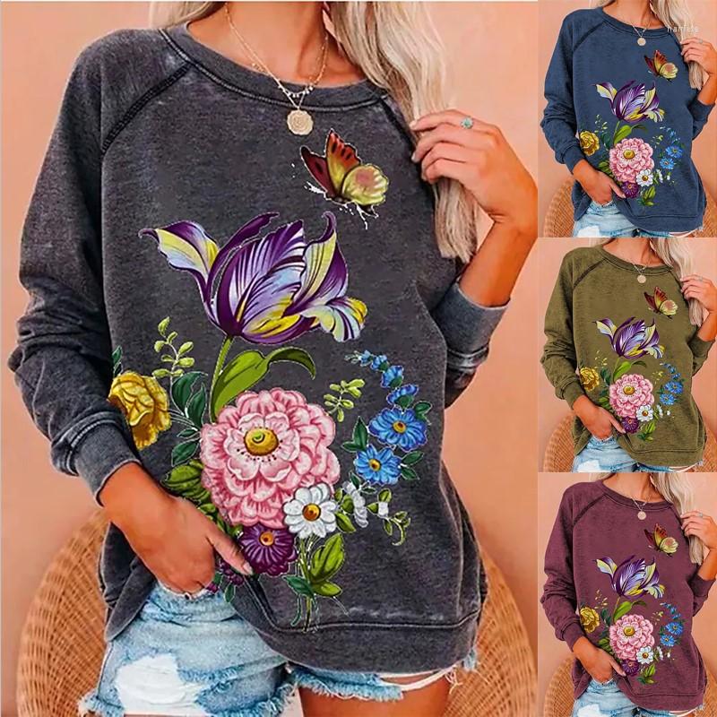 

Women' Hoodies 2022 Floral Butterfly Print Autumn And Winter Long-sleeved Round Neck Sweatshirts Casual Pullover Ladies, Gray