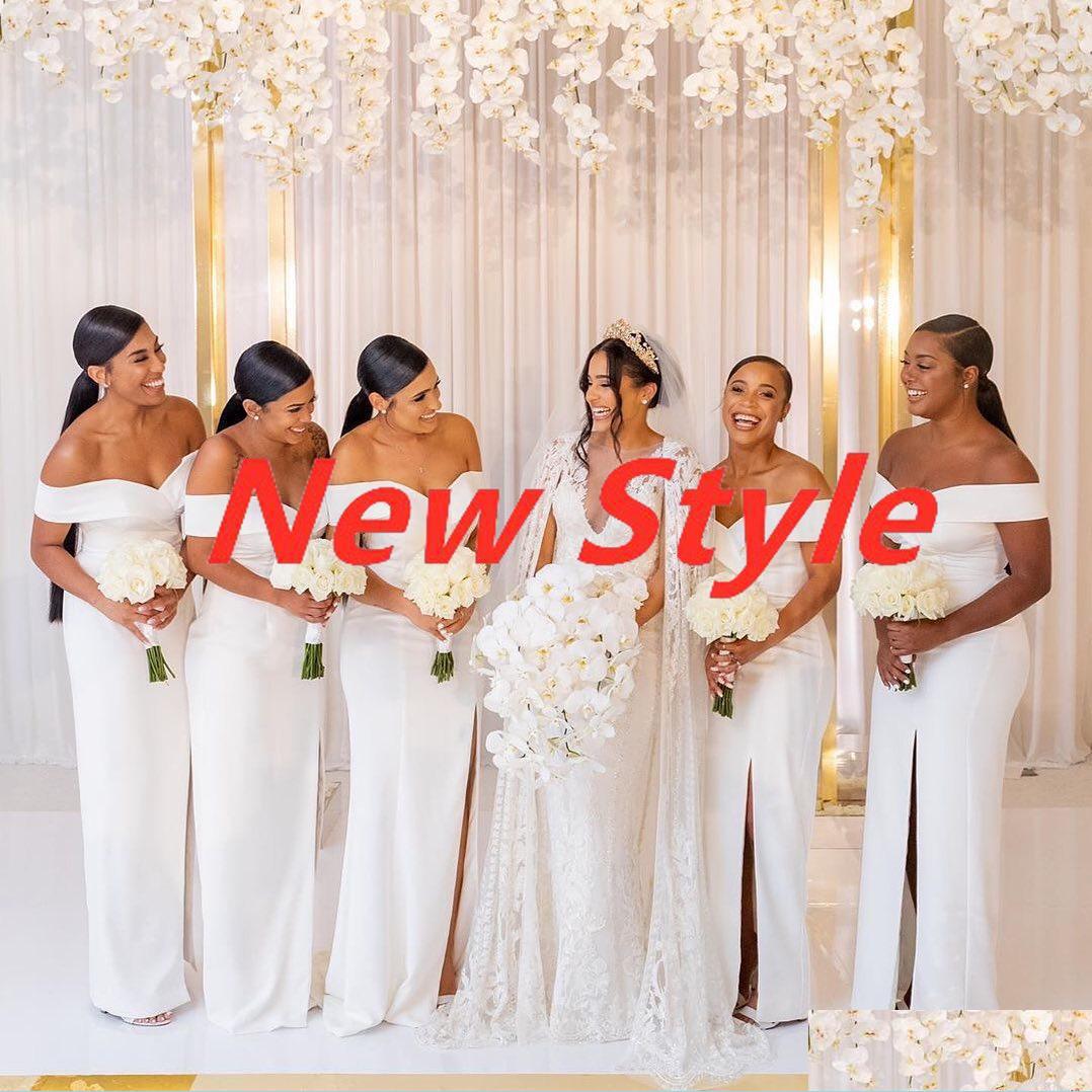 

Bridesmaid Dress 2022 White Off The Shoder Satin Long Bridesmaid Dresses Ruched Split Sweep Train Wedding Guest Maid Of Bridegroomdh Dhyxs