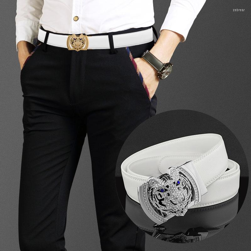 

Belts Casual Belt Men Fancy Black Tiger Cowskin Fashion Waistband Automatic Buckle Waist Strap Genuine Leather Ceinture Homme Lion