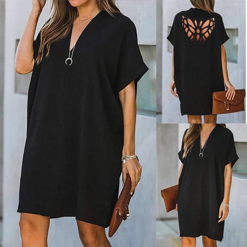 

Casual Dresses Women' Summer Solid Butterfly Hollow Out Black V-neck Loose Dress For Women 2022 Vestido De Mujer