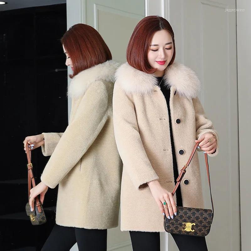 

Women' Fur Autumn Winter Coat Women Fashion Real Lamb Wool Female Hooded Jacket Thick Granule Warm Mid-Length Outerwear, Red
