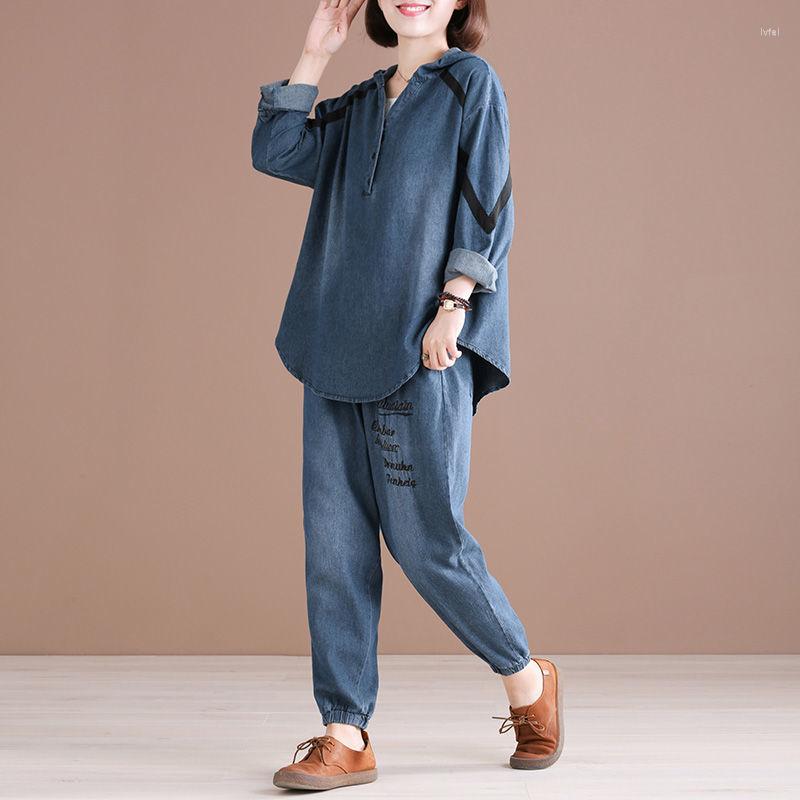 

Women's Two Piece Pants Women's Tracksuit Casual Solid Long Sleeve Denim Suits Female Warm Hoodie Sweatshirts And Pant Fleece Sets G43, Blue
