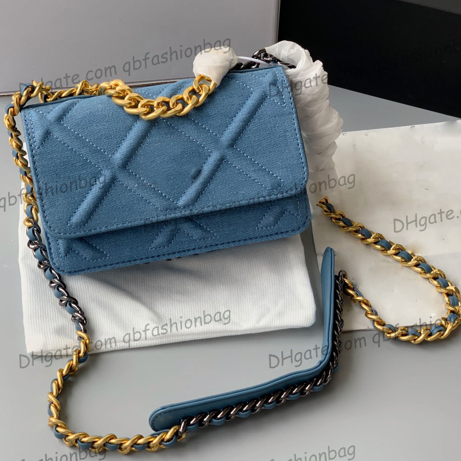 

Womens Denim WOC 19 Series Wallet Purse Bags With Gold Bracelet Chain Handle Totes Two-tone Crossbody Shoulder Card Holder Designer Multi Pochette Handbags 19CM, Box