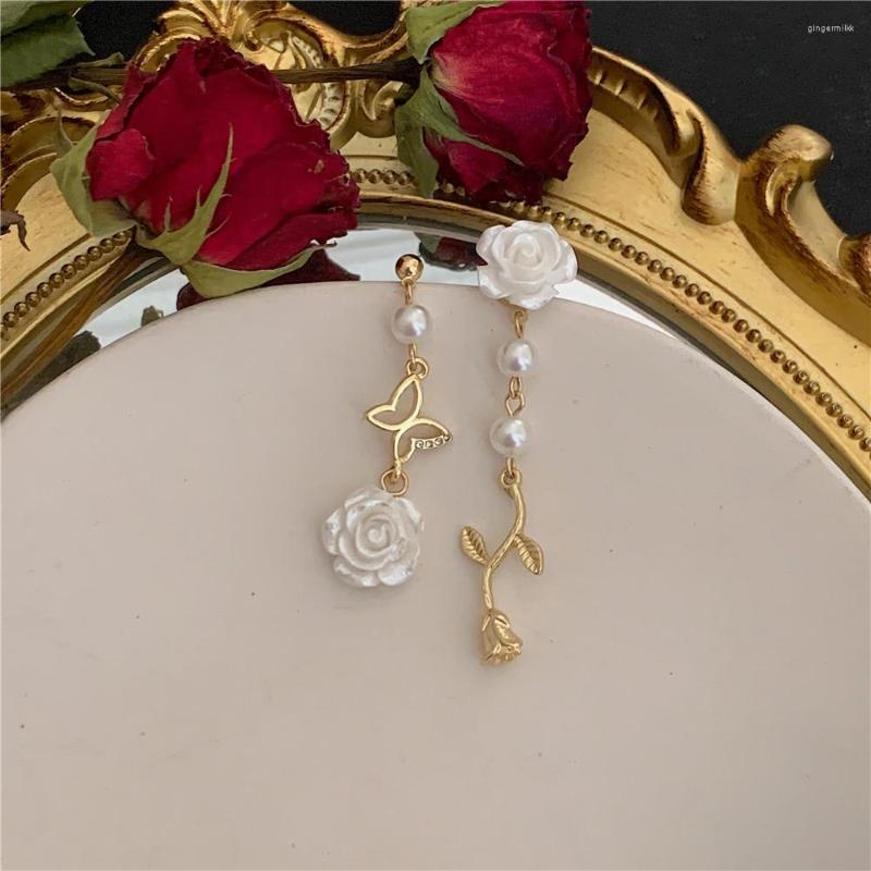 

Dangle Earrings Korean Trend Rose Flower Long Gold For Women Unusual Butterfly Pearls Earring Drop Girls Sweet Jewelry Gifts