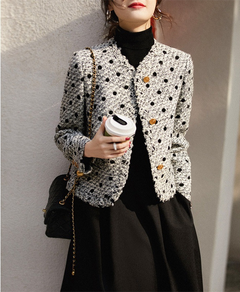 

Women's Jackets lady's Outerwear & Coats Flocking wave point imitation wool fine tweed temperament coat Single-breasted blazers V-neck print autumn winter coats, Multi