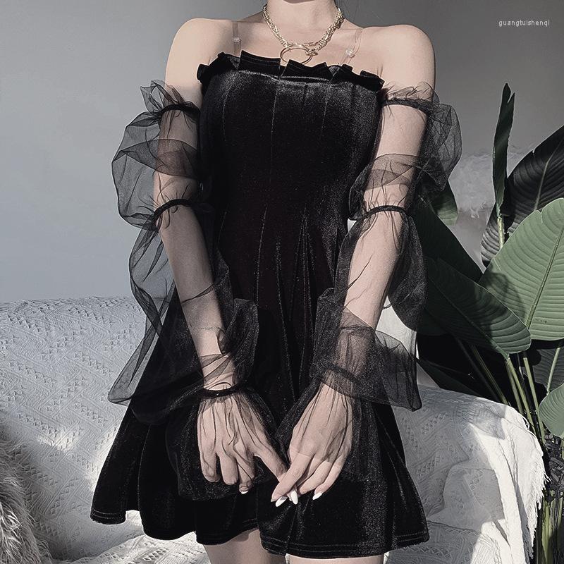 

Casual Dresses Mesh Velvet Vintage Gothic Egirl 2022 Aesthetic Transpanent Strap Pleated Dress Chic Punk Hip Hop Grunge Emo Y2K, Black
