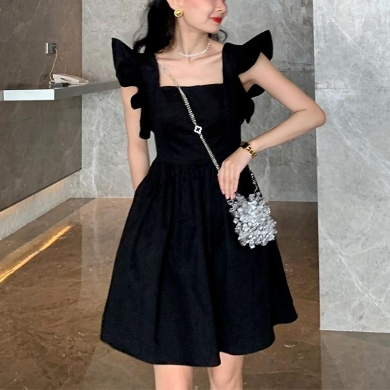 

Casual Dresses Summer Mini Black Dress Woman Sexy Flying Sleeve Evening Party Femme Chic Design Y2k Women Korean One Piece 2022, Black mini dress