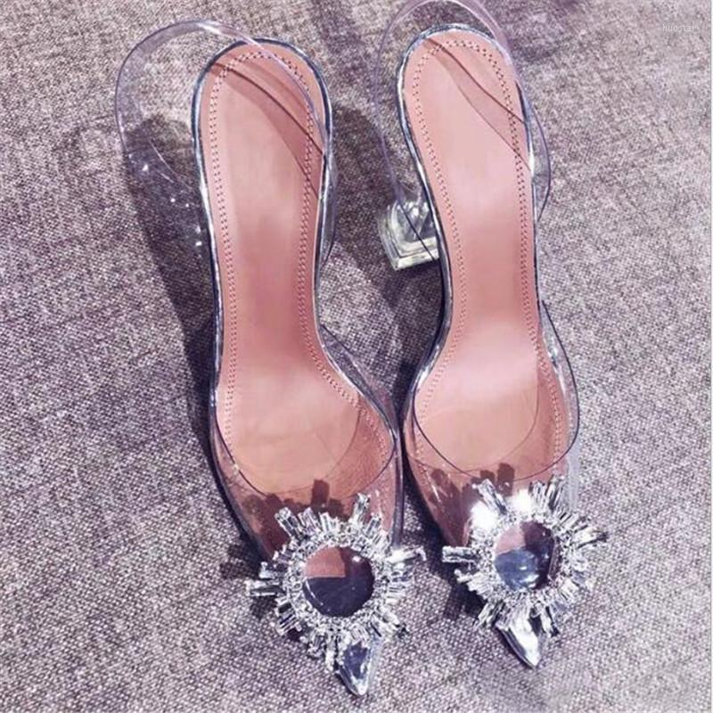 

Sandals Transparent Crystal Sunflower Drill Buckle Pointed Super High Heels Wine Glass Wedding Shoes Large For Women, 3cm