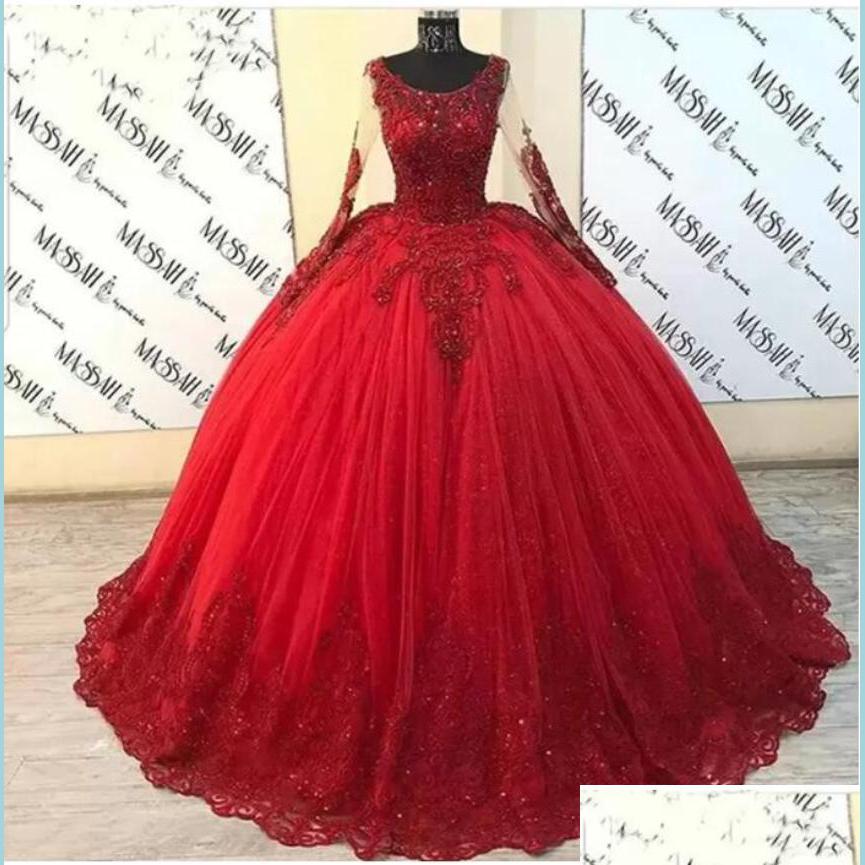 

Quinceanera Dresses 2022 Vintage Puffy Ball Gown Quinceanera Dresses Long Sleeve Red Tle Beaded Lace Sweet 16 Mexican Pa Bridegroomdh Dhkpm, Coral