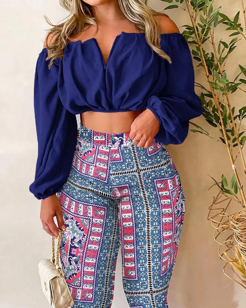 

Women' Two Piece Pants CHAXIAOA One Sets Chic Women' Summer 2022 Off Shoulder Ruched Crop Top Tribal Print Vacation Set