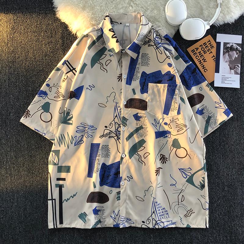 

Men's Casual Shirts Men Handsome Graffiti Retro Hawaiian Japanese Stylish Clothing Trendy Youngster Personality Camisa Summer All-match Ins, Apricot