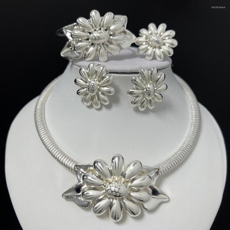 

Necklace Earrings Set Silver Plated Jewelry For Weddings Women Luxury Flower Pendant African Party Bridal Gifts Bracelet Ring Jewellery, Picture shown