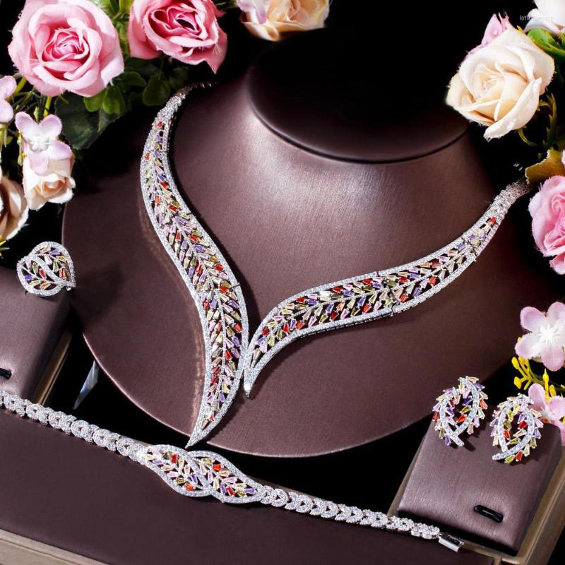 

Necklace Earrings Set CWWZircons 4pcs Multicolor Cubic Zircon Big Leaf Shape Statement Luxury Bridal Engagement Wedding Collection T656, Picture shown