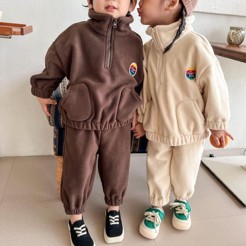 

Jackets 3880E Korean Children Clothing Set 2022 Autumn And Winter Boy's Sport Suit Plus Velvet Padded Polar Fleece Sweater Pant, Orange 2pc