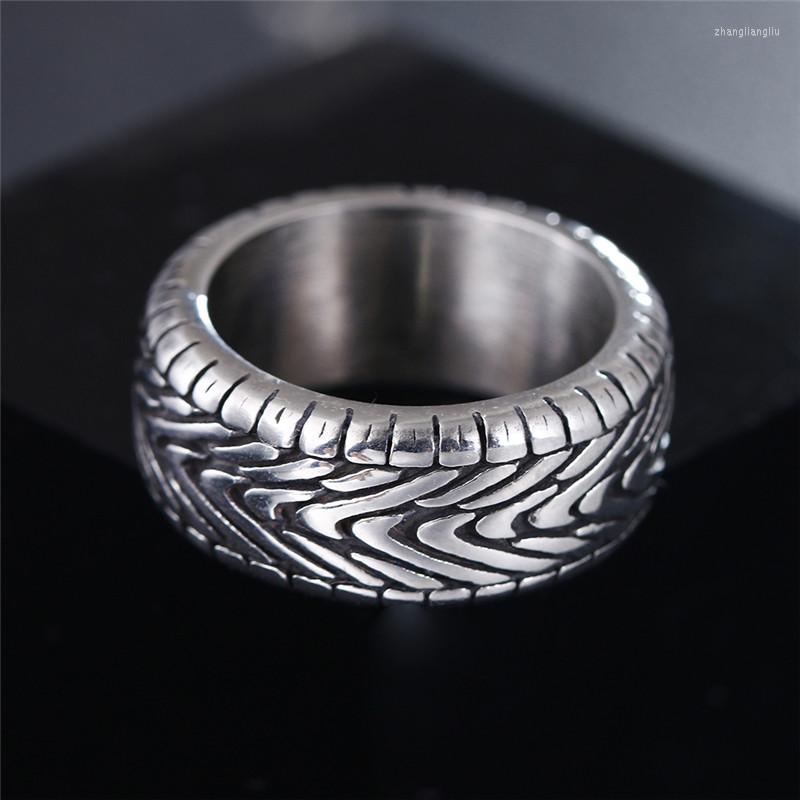

Wedding Rings Vintage Punk Motorcycle Tire Ring Men Antique Silver Color Stainless Steel Grooved Tread For Women Steampunk Biker Jewelry