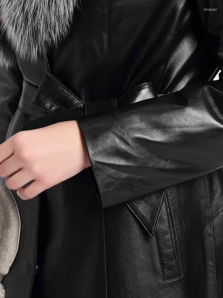 

Women's Leather Genuine Jacket Real Fur Collar Winter Women Long Down Jackets Sheepskin Coat MY3212, Black