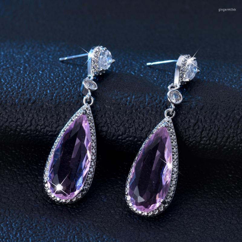 

Dangle Earrings Long Water Drop Inlaid Zircon Pink Elegant Woman Dangling Exquisite Gift Earings For Girls