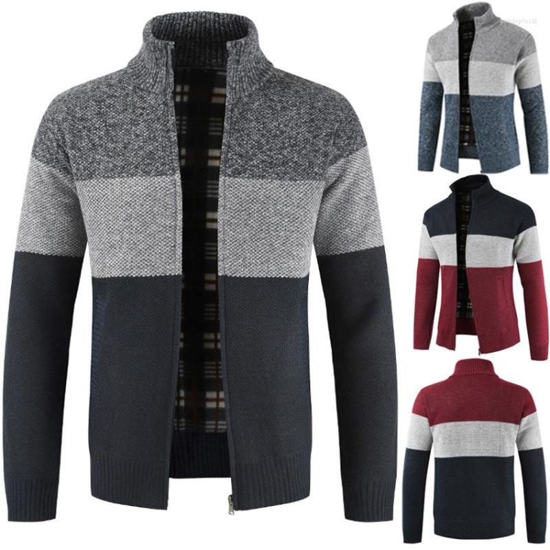 

Men's Sweaters Men's Autumn And Winter Sweater Patchwork Slim Fit Stand Collar Thick Cardigan Male Fashion Warm Clothing, Red