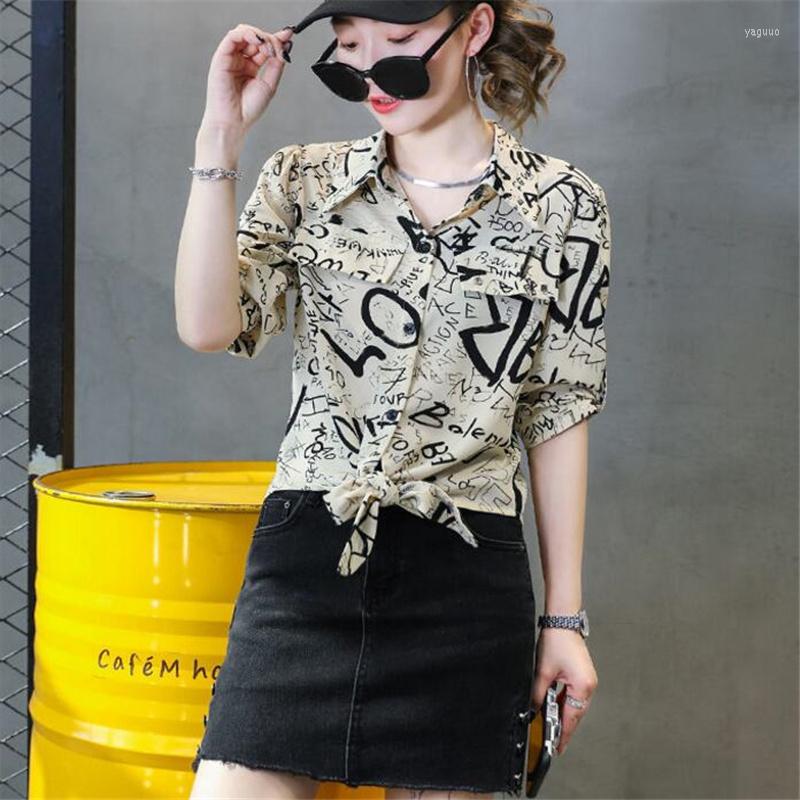 

Women's Blouses 2022 Mid-sleeve Loose Shirts For Women Lapel Asymmetry Printing Feminine Summer Thin Tops Tide Streetwear Women's Blouse, Multi
