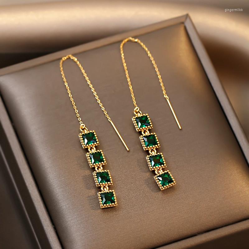 

Dangle Earrings 2022 Trendy For Women Luxury Green Cubic Ia Square Tassel Ear Line Fashion Party Girl's Exquisite