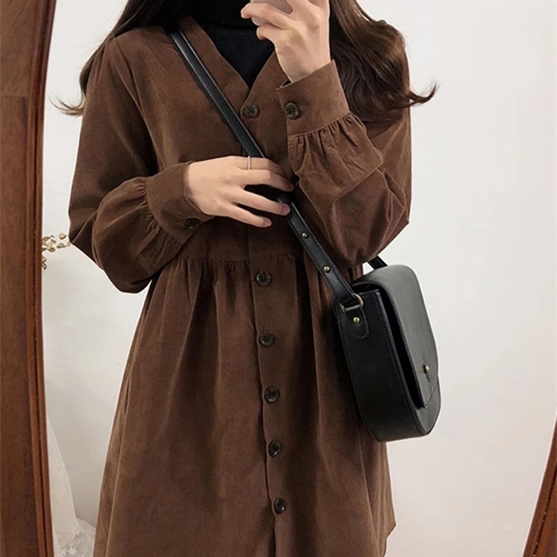 

Casual Dresses Loose Mini Button Shirt Dress Cute Sweet Fashion Retro V Neck Vintage Preppy Style Girls 221008, Black