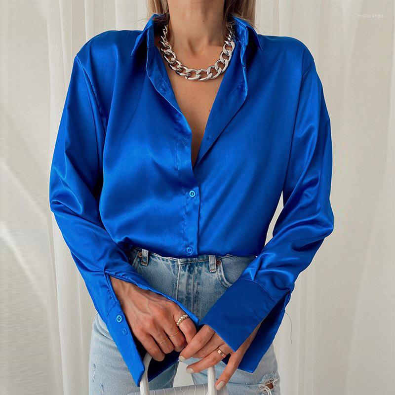 

Women' Blouses Fashion Lapel Collar Satin Womens Shirt Spring Autumn Solid Color Long Sleeve Cardigan Tops Streetwear Button Female, Brown