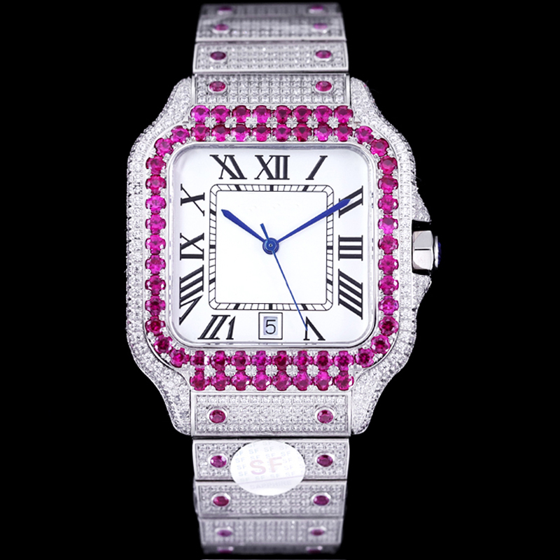 

3 Styles Silver CZ Diamonds Watch Men Luxury watches Red bezel MISSFOX Square Mechanical ETA8215 movement Full Iced Out Crystal Zircon wristwatch with box, 01