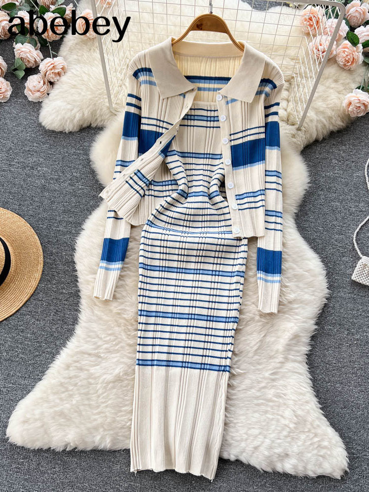 

Two Piece Dress Panelled Striped Sweet Knitted Sets Turn Down Collar Knitwear Top Midi Slim Cami Autumn Pieces Suits 221010, Apricot