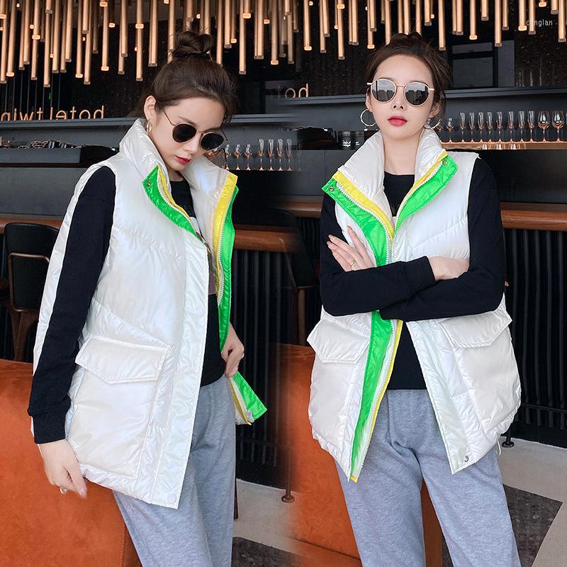 

Women's Vests Cotton Waistcoat Women Stand Up Collar Temperament Commuter Color Matching Vest 2022 Autumn Winter Sleeveless Parka Jacket, Black