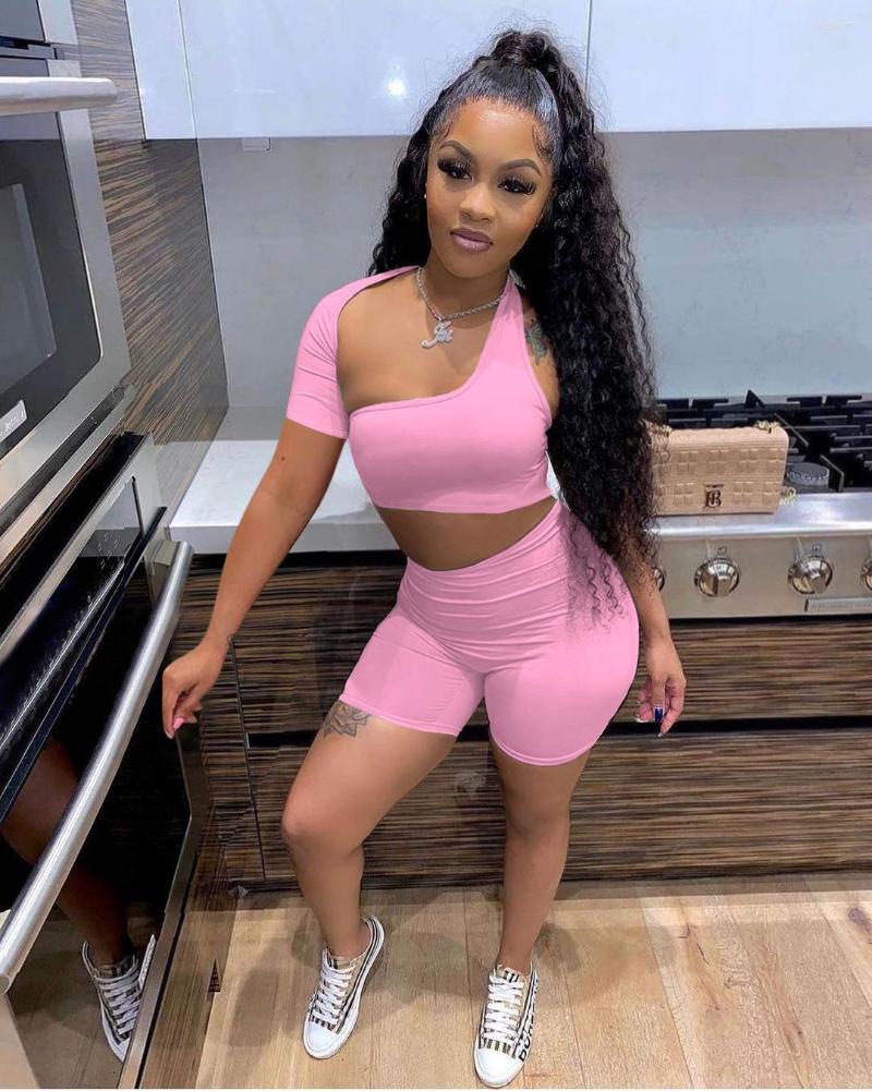 

Women' Tracksuits Trending Products 2022 Arrivals Clothing One Shoulder Outfits Irregular Hollow Out Slim Crop Top Biker Shorts Two Pieces, Black
