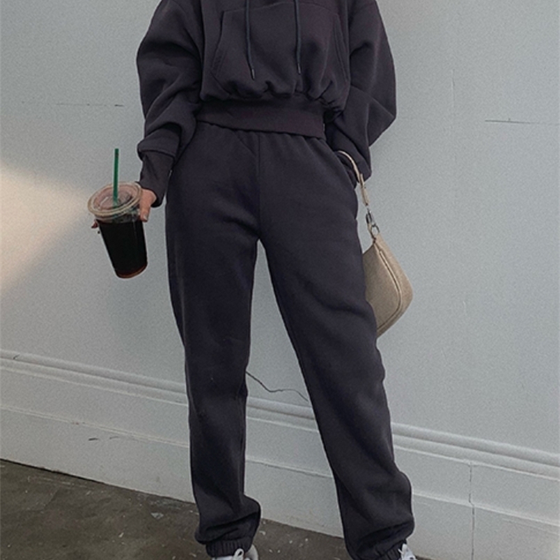 

Women's Two Piece Pants Hoodies Suit Winter Spring Solid Casual Tracksuit Women Fleece 2 Pieces Set Sports Sweatshirts Pullover Sweatpants Wholesale 221010, Dark gray pants