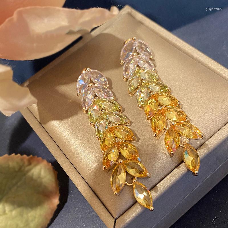 

Dangle Earrings 2022 Yellow Crystal CZ For Women Leaves Geometric Long Pendent Earring Banquet Party Bands Jewelry Luxury Gifts