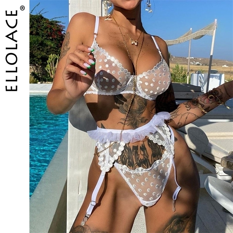 

Sexy Set Ellolace Polka Dot Sensual Lingerie Woman Ruffle 3Pieces Translucent Underwear Push Up Exotic Sets Embroidery Intimate 221010, White