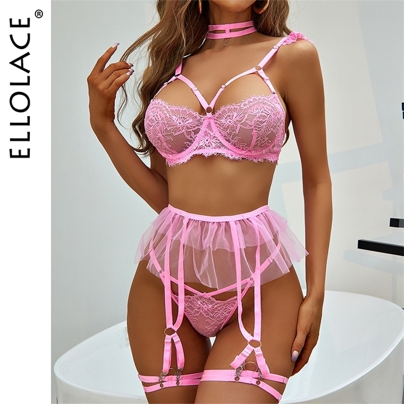 

Sexy Set Ellolace Pink Lingerie Sexy Transparent Bra 4Pieces Ruffles Garters With Stocking Sensual Exotic Sets Lace Luxury Underwear 221010, Light pink