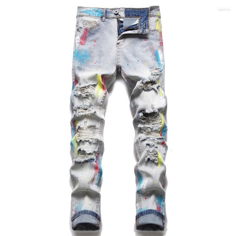 

Men's Jeans Splash-ink Brush Paint Rainbow Ripped Trim Soft Cotton Stretch Season Light Blue Cat Whisker Label High Street Fashion, Picture shown