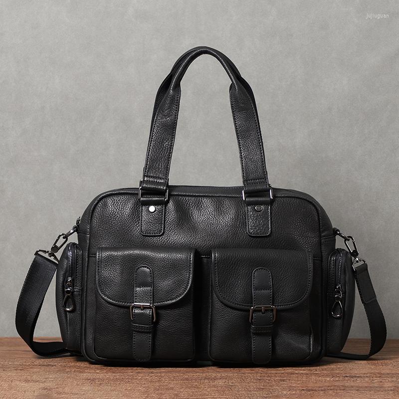 

Briefcases Men Casual Travel Bag Genuine Leather Handbag Briefcase Large Capacity Shoulder Laptop Bags High Quality, Black