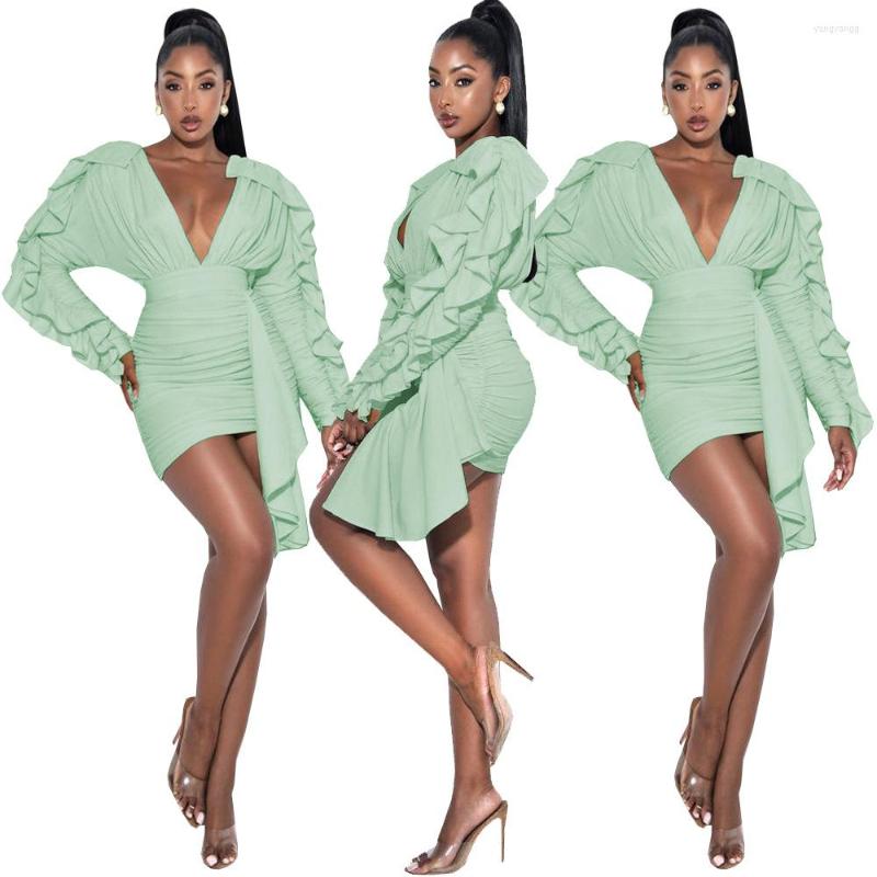 

Casual Dresses Dress Fashion Women' Sexy Lotus Leaf Sleeves V-Neck Pleated Open Back Zipper Bag Hip Skirt, Light green