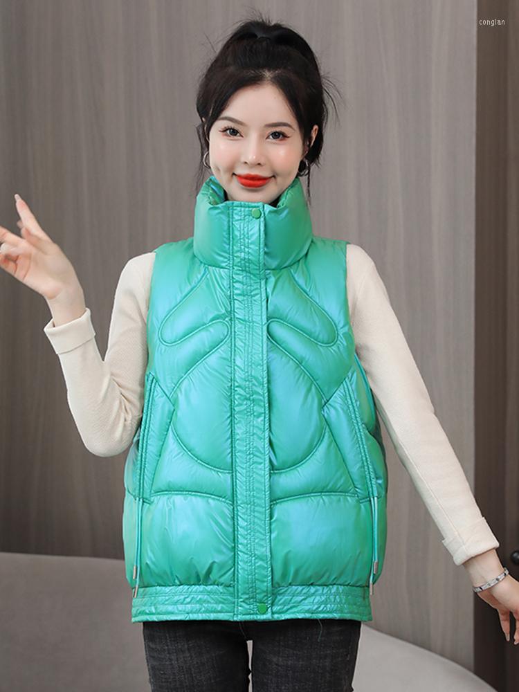 

Women's Vests 2022 Design Women Fashion Winter Vest Stand Collar Shiny Bright Babric Padded Warm Autumn Sleeveless Jacket Outerwear Coat, White