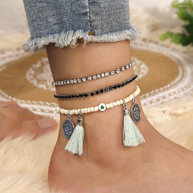 

Anklets -selling Foot Accessories Fashion Hand-worn Rice Beads Round Tag Tassels Two-color Flashing Rhinestone For Women