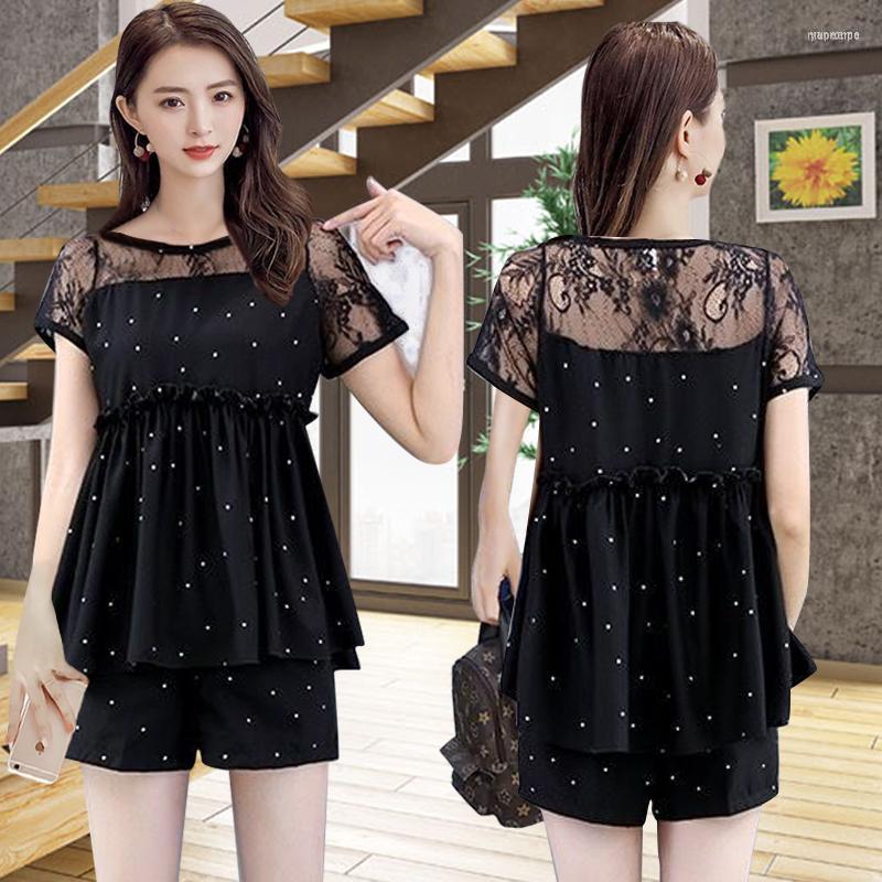 

Women's Shorts Women's 2pcs Set Women Lace Blouse & Loose Short Sleeve Chiffon Women's Tops, Black