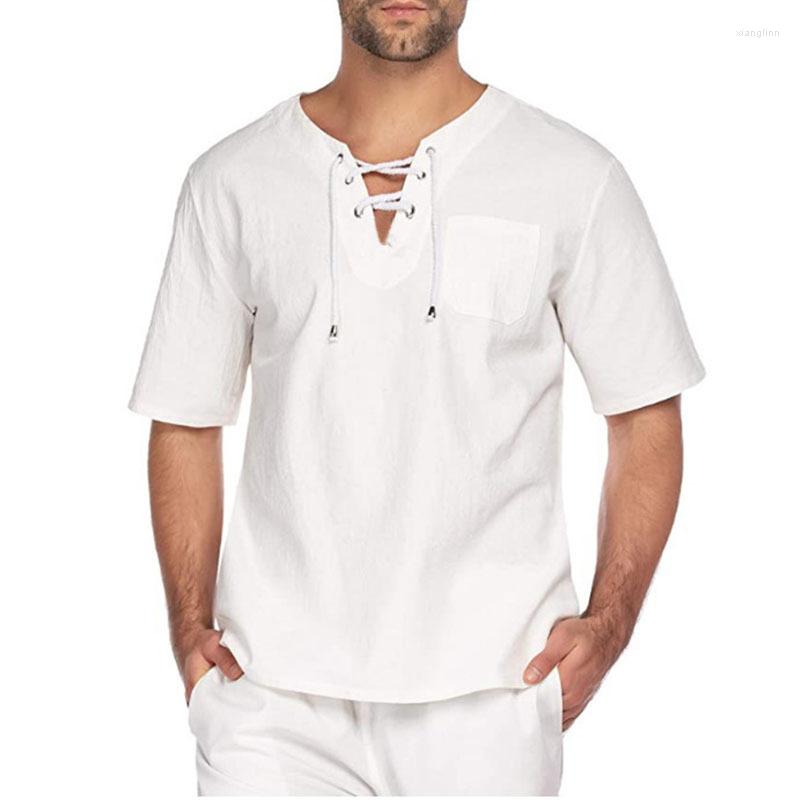 

Men' Casual Shirts 2022 Street Men' Short Sleeve T-shirt Cotton Linen Tie Fashion, Beige